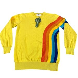 Oxknit Women's Yellow Rainbow Stripe Cotton Sweater Retro Sun Graphic Size S NWT